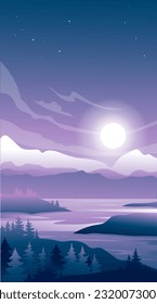 Beautiful landscape with river, forest and bright moon