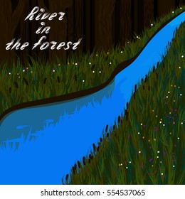 Beautiful landscape. River in the forest. Grass and flowers on a riverbank. Vector illustration.