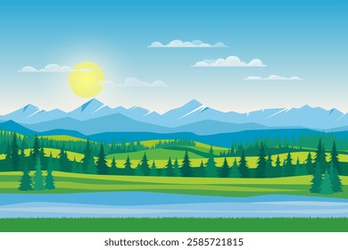 Beautiful landscape of river, forest and mountains on a sunny day. Bright sunny day in the wild. Vector landscape illustration of mountains, rivers, forests, fields and meadows with a stunning sky.