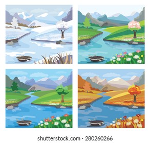 Beautiful landscape with river and mountains.
Four season. (vector illustration)