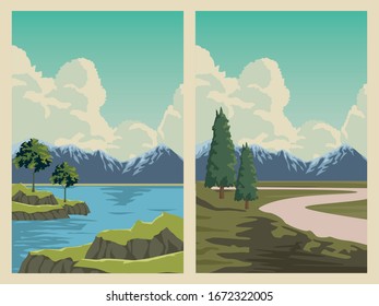 beautiful landscape with river and mountains scene vector illustration design