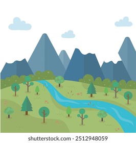 A beautiful landscape with rivers, mountains and grasslands. Vector illustration