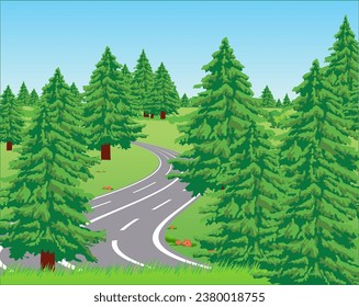 A beautiful landscape with a road leading through the fir forest. Vector illustration.