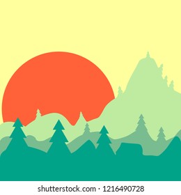 Beautiful landscape of rock, coniferous forest and a large sun.