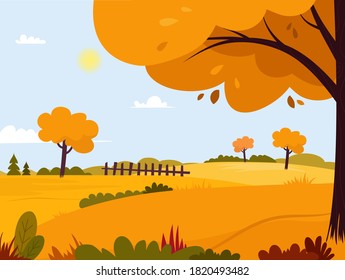 Beautiful landscape. Rural landscape panorama. Cartoon style. Banner. Autumn season in a city park or forest.Vector illustration.