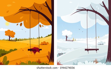 Beautiful landscape. Rural landscape panorama.Landscape of two seasons, autumn and winter, one place.  Cartoon style. Vector illustration.