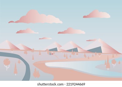 Beautiful landscape with a rustic house, abstract minimalistic illustration. Beautiful country house with a forest. Cartoon vector illustration. Design for web design development.