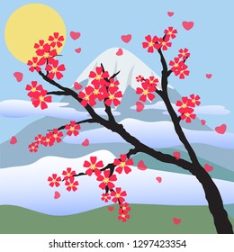 Beautiful landscape with sakura branch and flowers, clouds and mountain. Vector art and illustration.