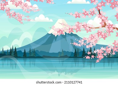 Beautiful Landscape Scene Of Branch Of Cherry Blossoms On The Background With Snowy On Top Mountain Fuji, Cloud In Blue Sky, Illustration Vector