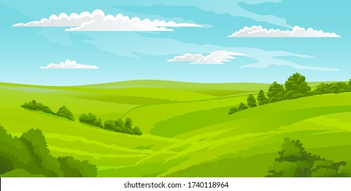 Beautiful landscape, scene with green lawn and bushes, sky with clouds. Summer time, nobody. Greenery of summer. Summer scenery, horizontal view of rural scene. Calm nature, hot weather, morning