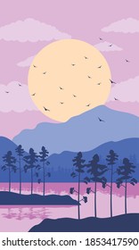 beautiful landscape scene with purple color lake and birds vector illustration design