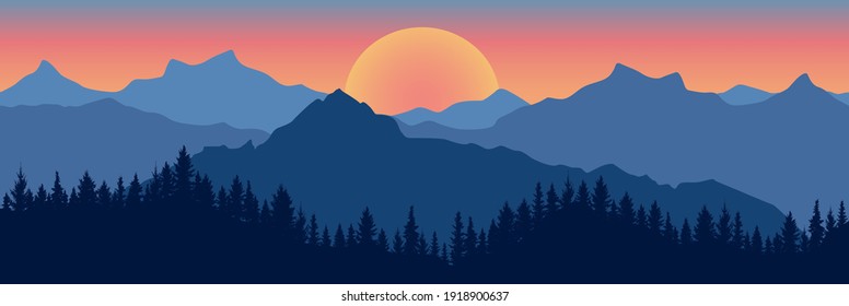 Beautiful landscape. Silhouette of dark blue forest on background of mountains and sunset. Panoramic view. Vector illustration.