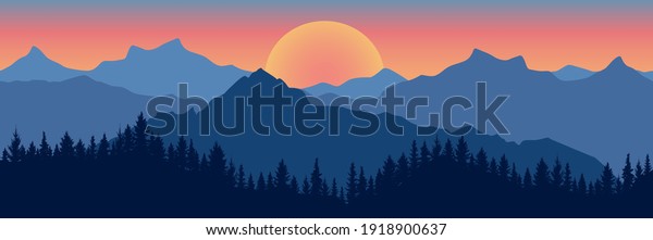 Beautiful landscape. Silhouette of dark\
blue forest on background of mountains and sunset. Panoramic view.\
Vector illustration.