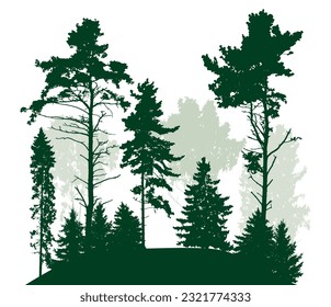 Beautiful landscape, silhouette of deciduous and coniferous trees, forest. Vector illustration