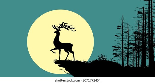 Beautiful landscape. silhouette of the deer stand on the cliff.Have full moon as a background. Vector illustration about nature.