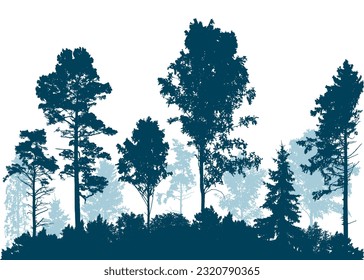 Beautiful landscape, silhouette of forest, deciduous and coniferous trees. Vector illustration