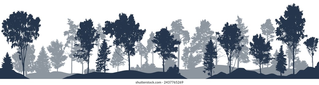 Beautiful landscape, silhouette of forest. Tall pine  and spruce tres. Horizontal woodland. Vector illustration
