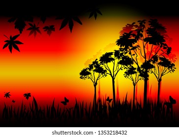 Beautiful landscape, Silhouette of trees sunset a in meadow. vector illustration.