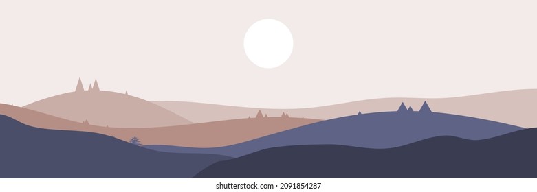 Beautiful landscape. Simple Asian style. Long hills and mountains scenery background design. Vector illustration. Suitable for landing pages, web, wall painting and posters.