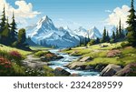 Beautiful landscape. Small river. Mountains on the horizon. Green meadow. Forest. Clear sky. Bright warm colors. The beauty of the nature. Landscape work of art. Vector illustration design.