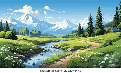 Beautiful landscape. Small river. Mountains on the horizon. Green meadow. Forest. Clear sky. Bright warm colors. The beauty of the nature. Landscape work of art. Vector illustration design.