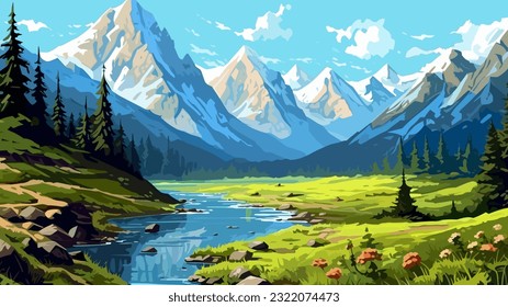 Hermoso paisaje. Pequeño río. Montañas en el horizonte. Prado verde. Bosque. Cielo despejado. Colores cálidos y luminosos. La belleza de la naturaleza Escenario de arte. Diseño de ilustraciones vectoriales.