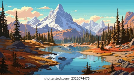 Beautiful landscape. Small river. Mountains on the horizon. Green meadow. Forest. Clear sky. Bright warm colors. The beauty of the nature. Landscape work of art. Vector illustration design.