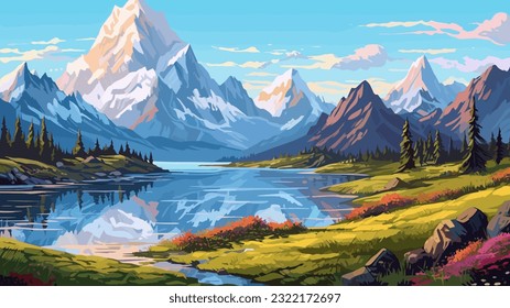 Beautiful landscape. Small river. Mountains on the horizon. Green meadow. Forest. Clear sky. Bright warm colors. The beauty of the nature. Landscape work of art. Vector illustration design.