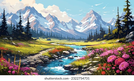 Beautiful landscape. Small river. Mountains on the horizon. Green meadow. Forest. Clear sky. Bright warm colors. The beauty of the nature. Landscape work of art. Vector illustration design.