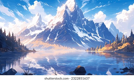 Beautiful landscape. Small river. Mountains on the horizon. Green meadow. Forest. Clear sky. Bright warm colors. The beauty of the nature. Landscape work of art. Vector illustration design.