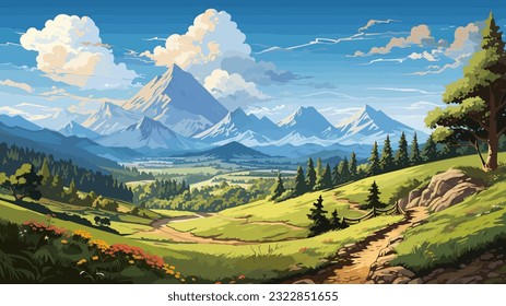 Hermoso paisaje. Pequeño río. Montañas en el horizonte. Prado verde. Bosque. Cielo despejado. Colores cálidos y luminosos. La belleza de la naturaleza Escenario de arte. Diseño de ilustraciones vectoriales.