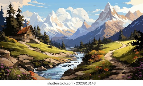 Beautiful landscape. Small river. Mountains on the horizon. Green meadow. Forest. Clear sky. Bright warm colors. The beauty of the nature. Landscape work of art. Vector illustration design.