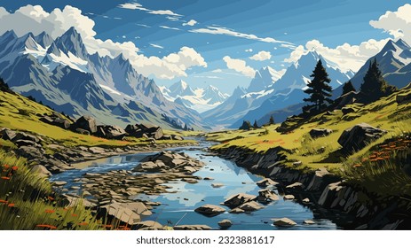 Hermoso paisaje. Pequeño río. Montañas en el horizonte. Prado verde. Bosque. Cielo despejado. Colores cálidos y luminosos. La belleza de la naturaleza Escenario de arte. Diseño de ilustraciones vectoriales.