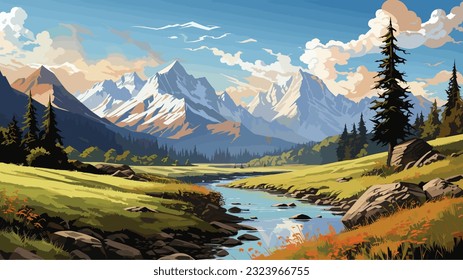 Beautiful landscape. Small river. Mountains on the horizon. Green meadow. Forest. Clear sky. Bright warm colors. The beauty of the nature. Landscape work of art. Vector illustration design.