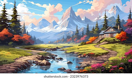 Beautiful landscape. Small river. Mountains on the horizon. Green meadow. Forest. Clear sky. Bright warm colors. The beauty of the nature. Landscape work of art. Vector illustration design.