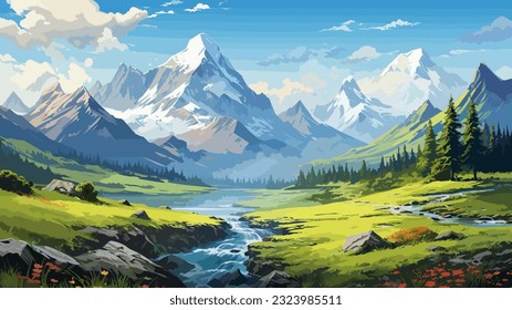 Beautiful landscape. Small river. Mountains on the horizon. Green meadow. Forest. Clear sky. Bright warm colors. The beauty of the nature. Landscape work of art. Vector illustration design.