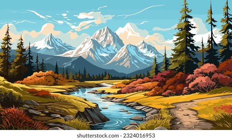 Beautiful landscape. Small river. Mountains on the horizon. Green meadow. Forest. Clear sky. Bright warm colors. The beauty of the nature. Landscape work of art. Vector illustration design.