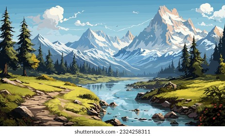 Beautiful landscape. Small river. Mountains on the horizon. Green meadow. Forest. Clear sky. Bright warm colors. The beauty of the nature. Landscape work of art. Vector illustration design.