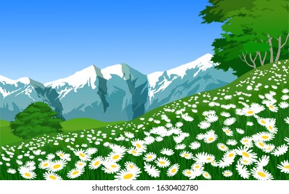 Beautiful landscape snow-capped mountain with trees, meadow and flowers