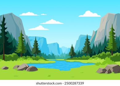 Beautiful landscape of a summer day on a lake among forests and mountains. An amazing lake with a green clearing of lush grass, magnificent mountains and forest. Design for poster, banner, card.