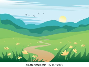 Beautiful landscape in summer with fields, forests, flowers and birds against a blue sky. Vector illustration of nature