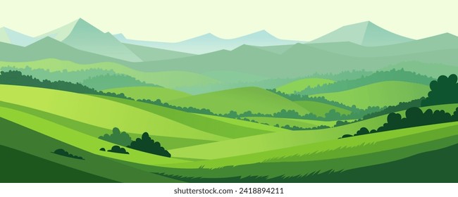 Hermoso paisaje de prados verdes de verano, campos con árboles y colinas sobre el telón de fondo de las montañas. El paisaje panorámico vectorial en estilo plano para el diseño.