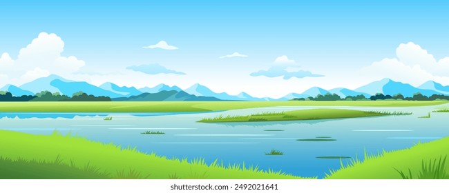 Beautiful landscape of a summer lake. Green lake shore with clear water and reflections against the backdrop of beautiful mountains. Vector illustration of a fishing lake. Panoramic landscape.
