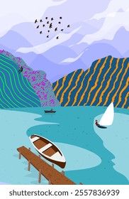 Beautiful landscape of summer lake. Illustration of a fishing lake. Lake shore with reflections against the backdrop of clear water and beautiful mountains. Relaxing nature landscape. .
