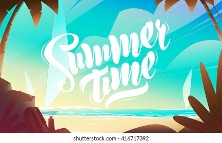 Beautiful Landscape With Summer Lettering. Summer Time Compostion