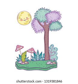 beautiful landscape with sun kawaii and trees