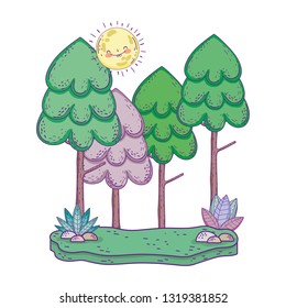beautiful landscape with sun kawaii and trees
