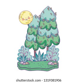 beautiful landscape with sun kawaii and trees