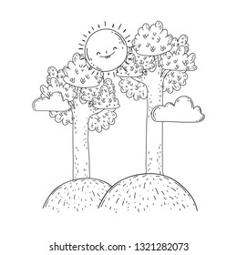 beautiful landscape with sun kawaii and trees