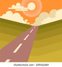 Beautiful Landscape with Sun And Mountains.  Flat Style Illustration of road and sun